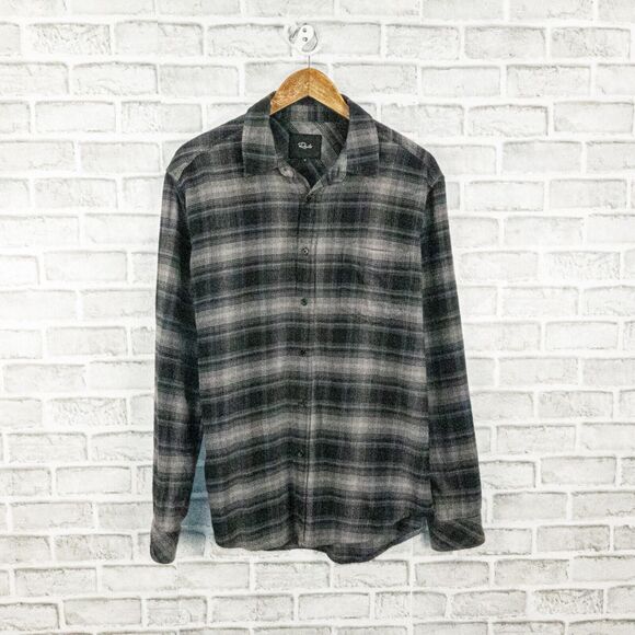 RAILS Men's Flannel Button up FORREST Shirt in Black Grey navy Plaid sz Large - Picture 1 of 6